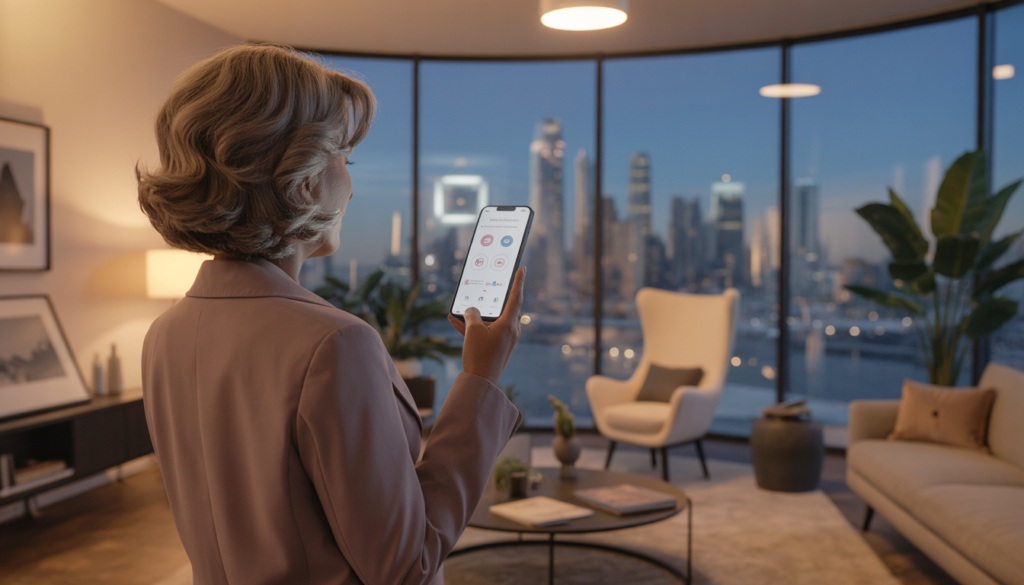 Stylish hybrid living‑room‑office with a woman standing by a window holding a smartphone showing social‑media icons, back‑turned, symbolizing Tammy Bruce’s online influence and lifestyle.
