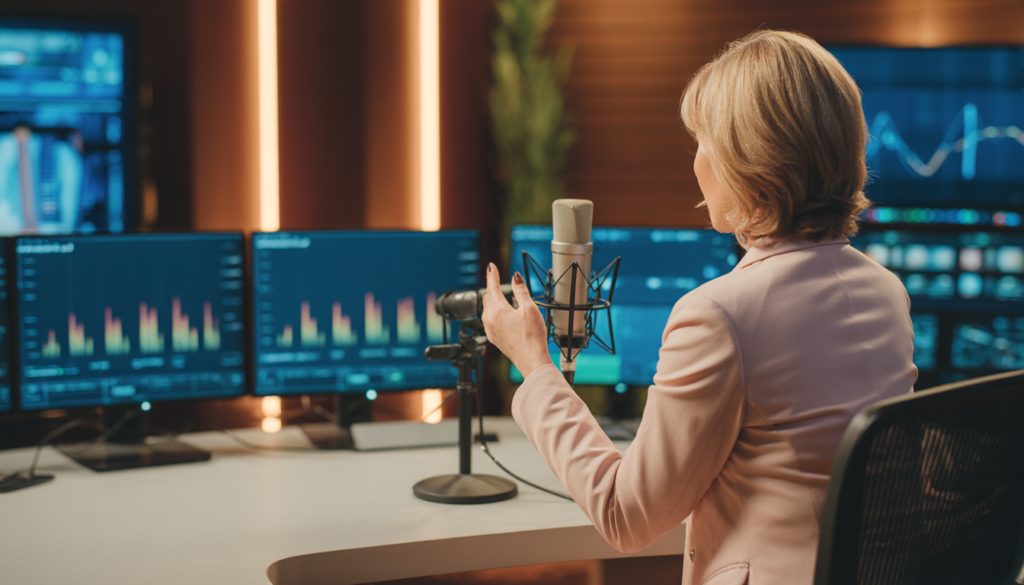 Radio talk‑show host sitting at a sleek studio desk with microphone and monitors, viewed from behind, symbolizing Tammy Bruce’s long‑running on‑air career.