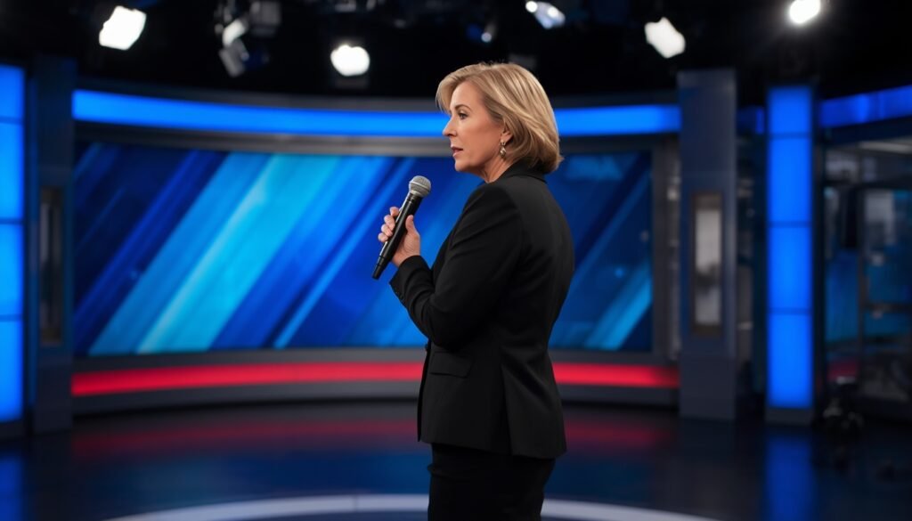 Conservative commentator‑style woman in a TV studio speaking into a microphone, back‑turned or in profile, symbolizing Tammy Bruce’s media career.