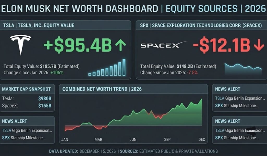 Elon Musk net worth chart showing Tesla and SpaceX equity sources 2026