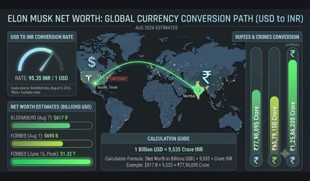 Elon Musk net worth converted to Indian rupees and crores 2026.
