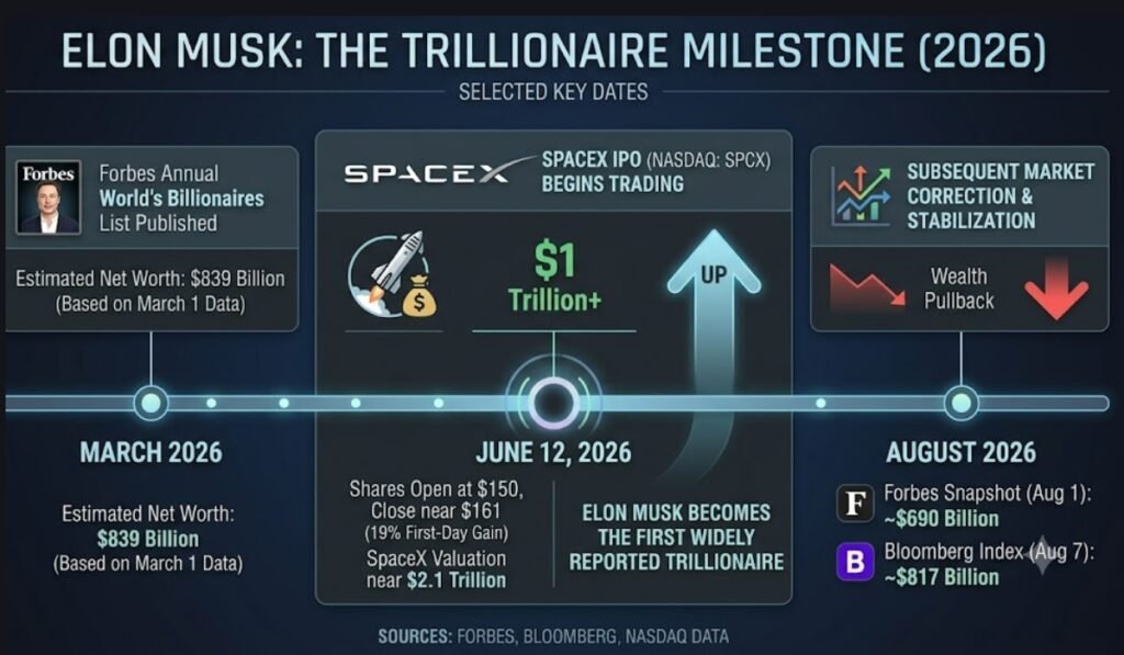 Timeline of Elon Musk becoming a trillionaire after the SpaceX IPO