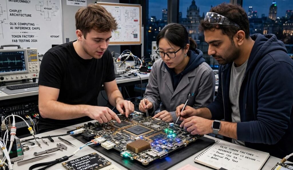 engineers examining an AI chip prototype in a hardware research lab